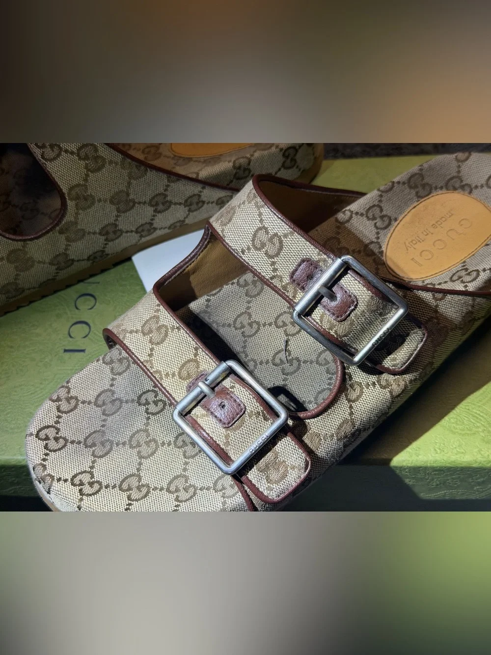 Gucci Men’s Beige GG Canvas Double-Buckle Slides